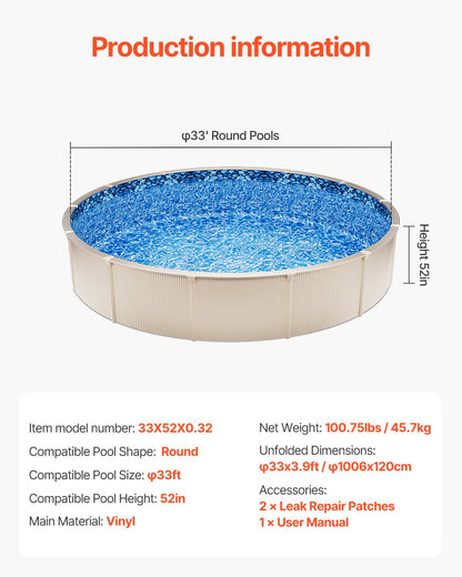 Round Pool Liner 33ft Unibead Style Pool Liner 52in Wall Height