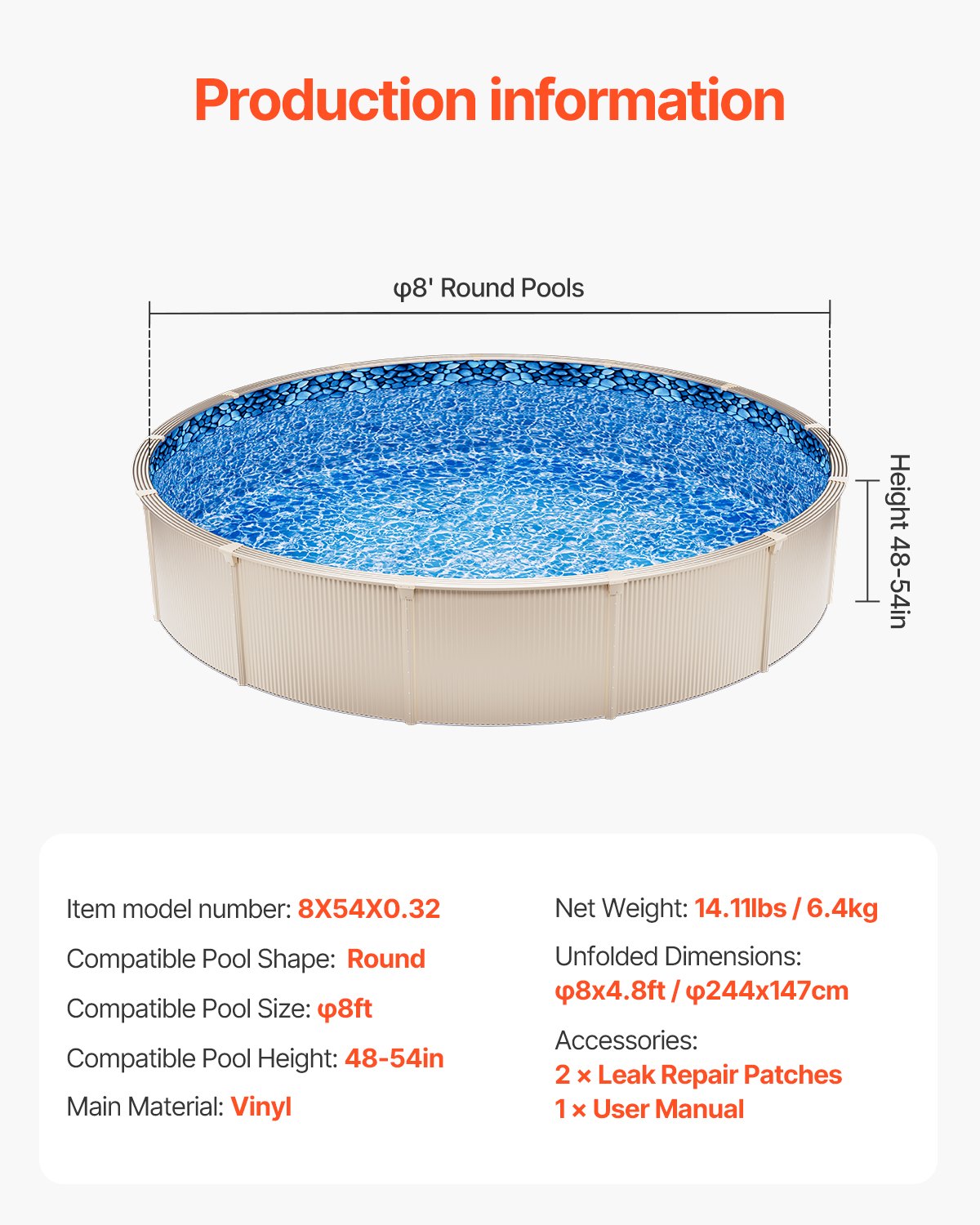 Round Pool Liner 8ft Overlap Style Pool Liner 54in Wall Height
