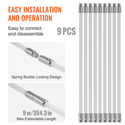 9m Chimney Sweep Kit, with 9 Reinforced Flexible Nylon Rods, Ergonomic Chimney Cleaning Brush, 360-Degree Brush, Chimney Cleaner, Rich Flue Accessories for Fireplaces Home Use Fits Most Pipes