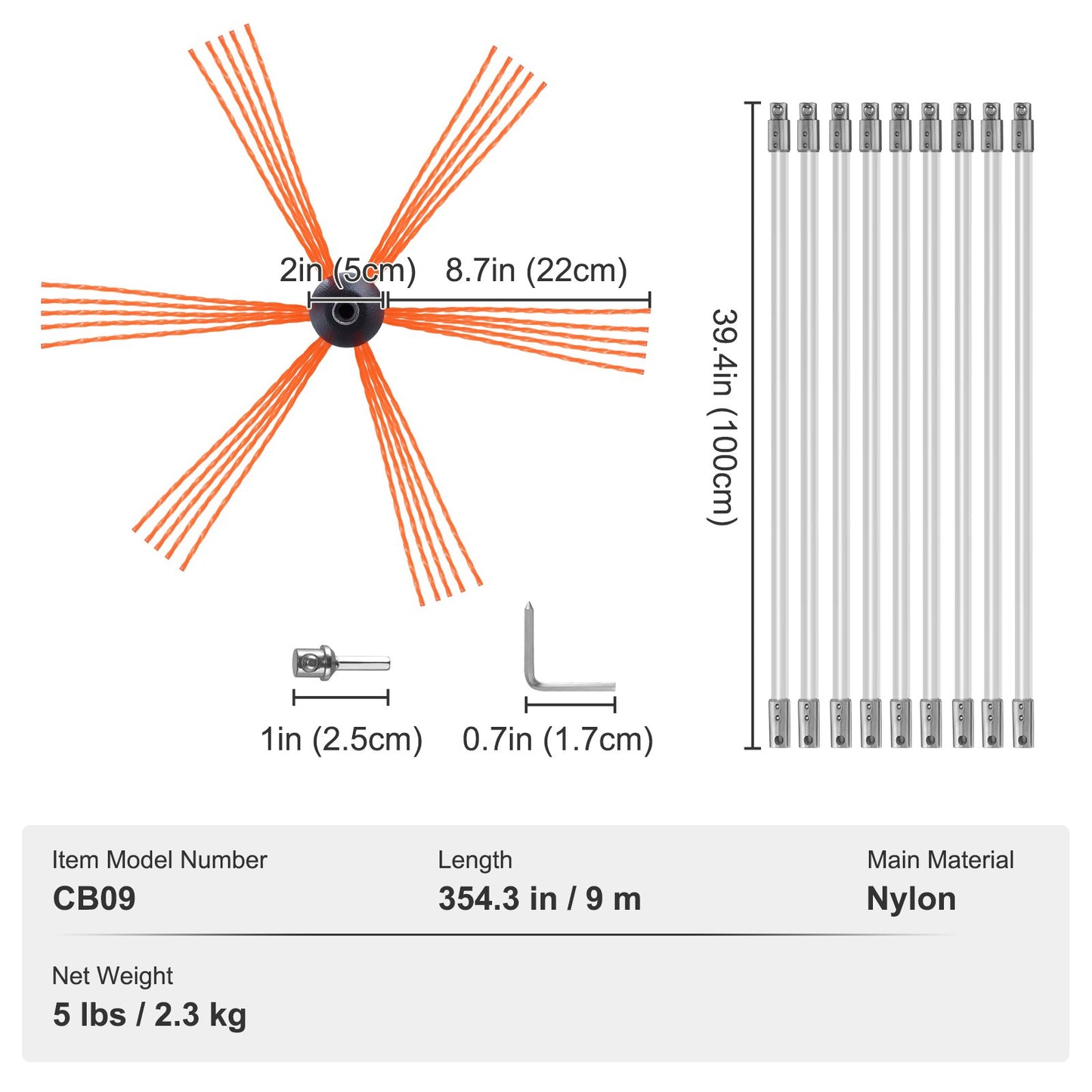 9m Chimney Sweep Kit, with 9 Reinforced Flexible Nylon Rods, Ergonomic Chimney Cleaning Brush, 360-Degree Brush, Chimney Cleaner, Rich Flue Accessories for Fireplaces Home Use Fits Most Pipes