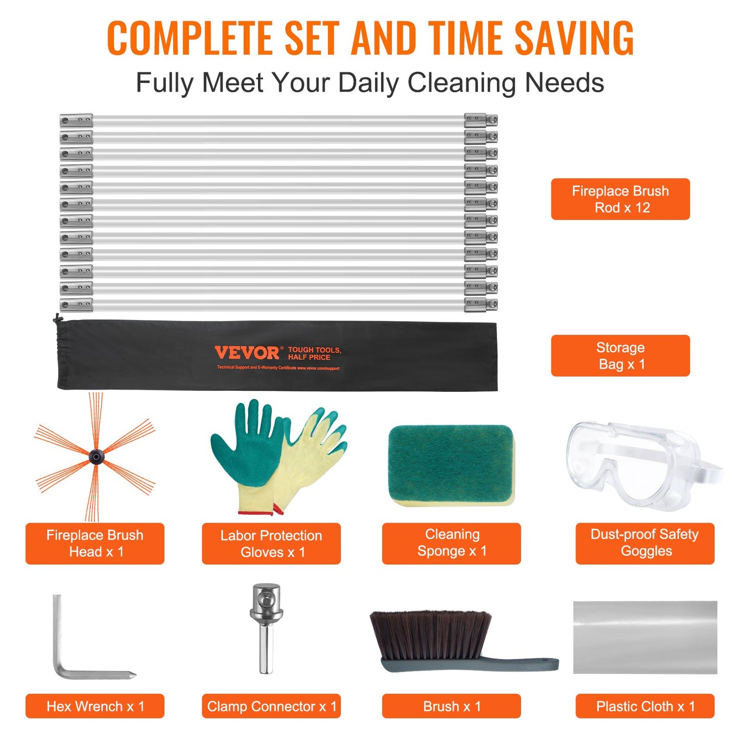 12m Sweeper Set, with 12 Reinforced Flexible Nylon Rods, Ergonomic Chimney Cleaning Brush, 360-Degree Brush, Chimney Cleaner, Rich Flue Accessories for Fireplaces Home Use Fits Most Pipes