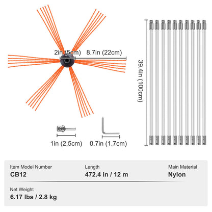 12m Sweeper Set, with 12 Reinforced Flexible Nylon Rods, Ergonomic Chimney Cleaning Brush, 360-Degree Brush, Chimney Cleaner, Rich Flue Accessories for Fireplaces Home Use Fits Most Pipes