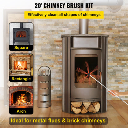Flexible Chimney Sweep Rods, 20FT Chimney Cleaning Kit, Nylon Chimney Sweeper Chimney Cleaning Kit Flexible Brush Head Chimney Sweep Rods Easy to Connect Chimney Brush with 6 White Rods