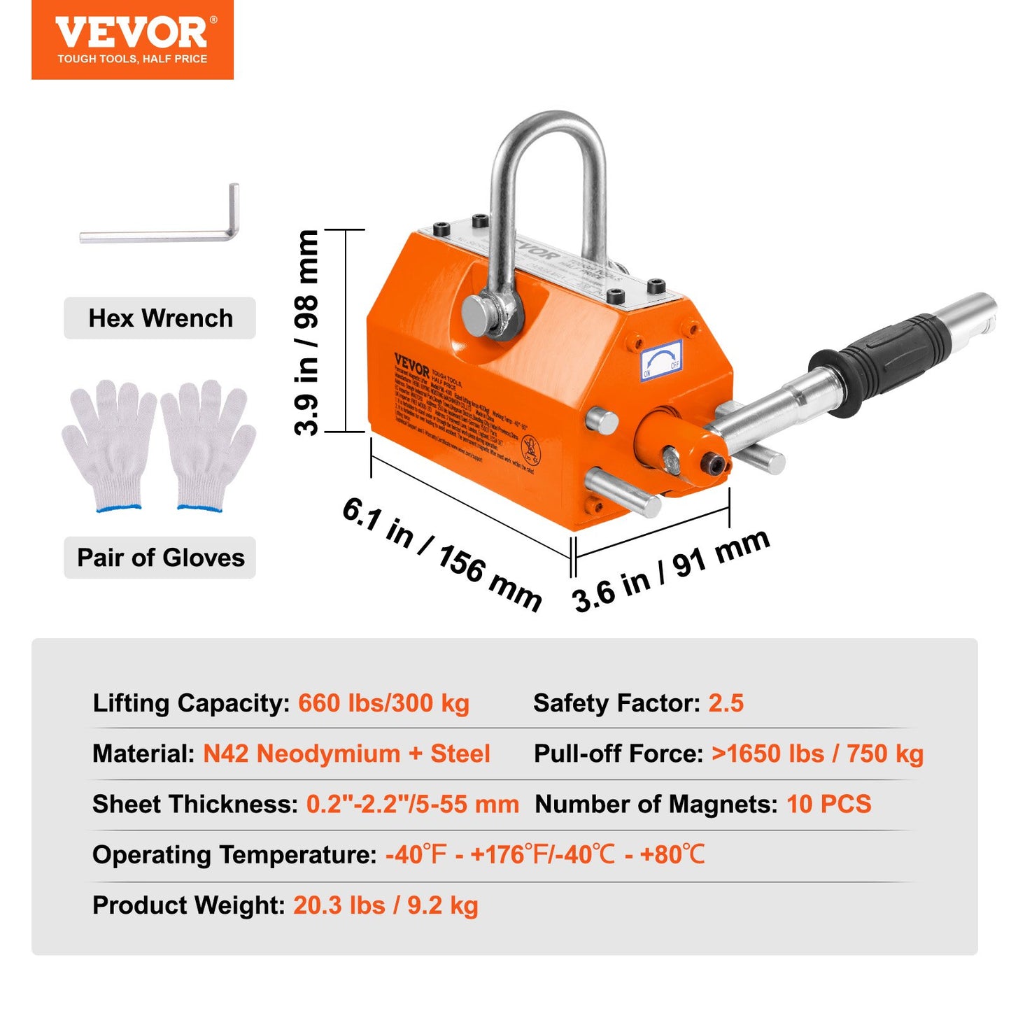 Magnetic Lifter, 660 lbs/300 kg dragkapacitet, 2,5 säkerhetsfaktor, neodym och stål, lyftmagnet med frigöring, permanenta lyftmagneter, kraftig magnet för hiss, butikskran, block, bräda