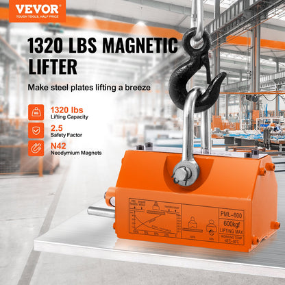 Magnetic Lifter, 1320 lbs/600 kg dragkapacitet, 2,5 säkerhetsfaktor, neodym och stål, lyftmagnet med frigöring, permanenta lyftmagneter, kraftig magnet för lyftanordning, butikskran, block, bräda