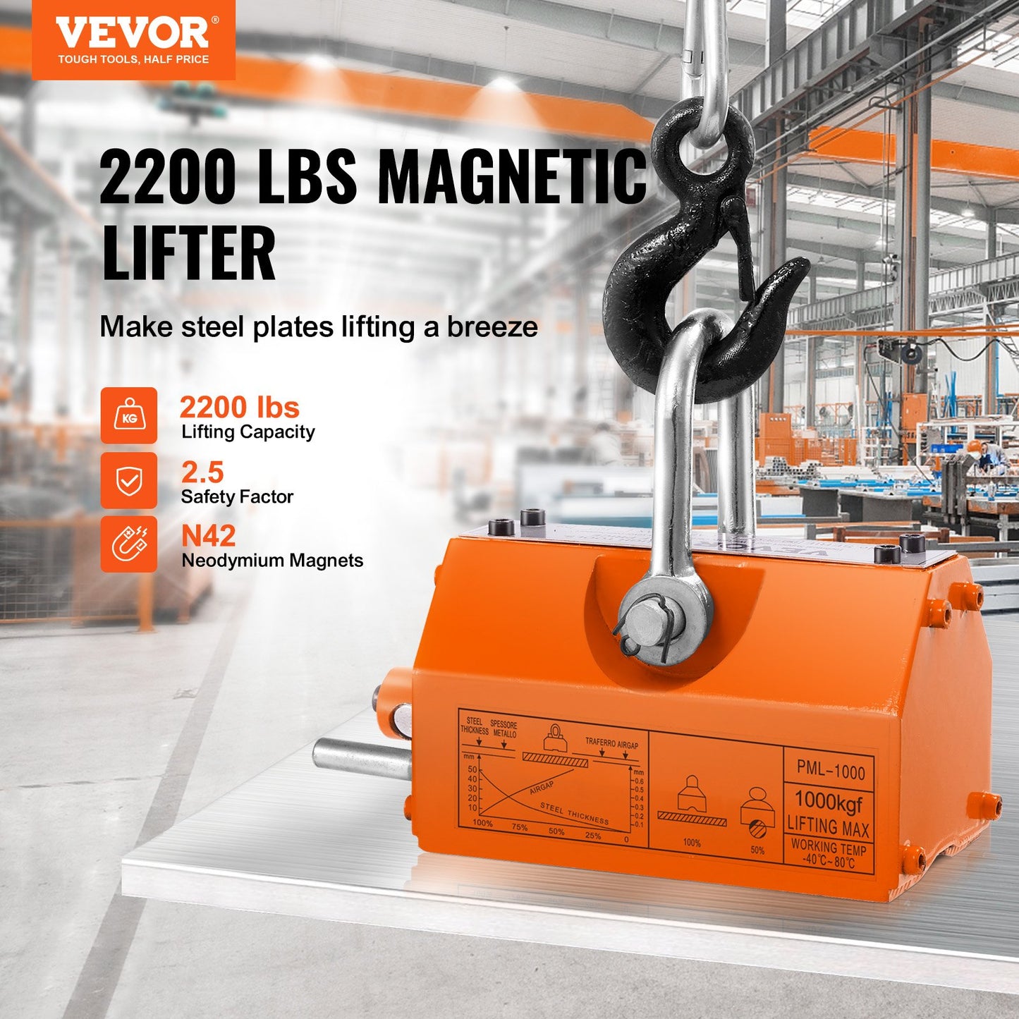 Magnetic Lifter, 2200lbs/1000kg dragkapacitet, 2,5 säkerhetsfaktor, neodym och stål, lyftmagnet med frigöring, permanenta lyftmagneter, kraftig magnet för lyftanordning, butikskran, block, bräda