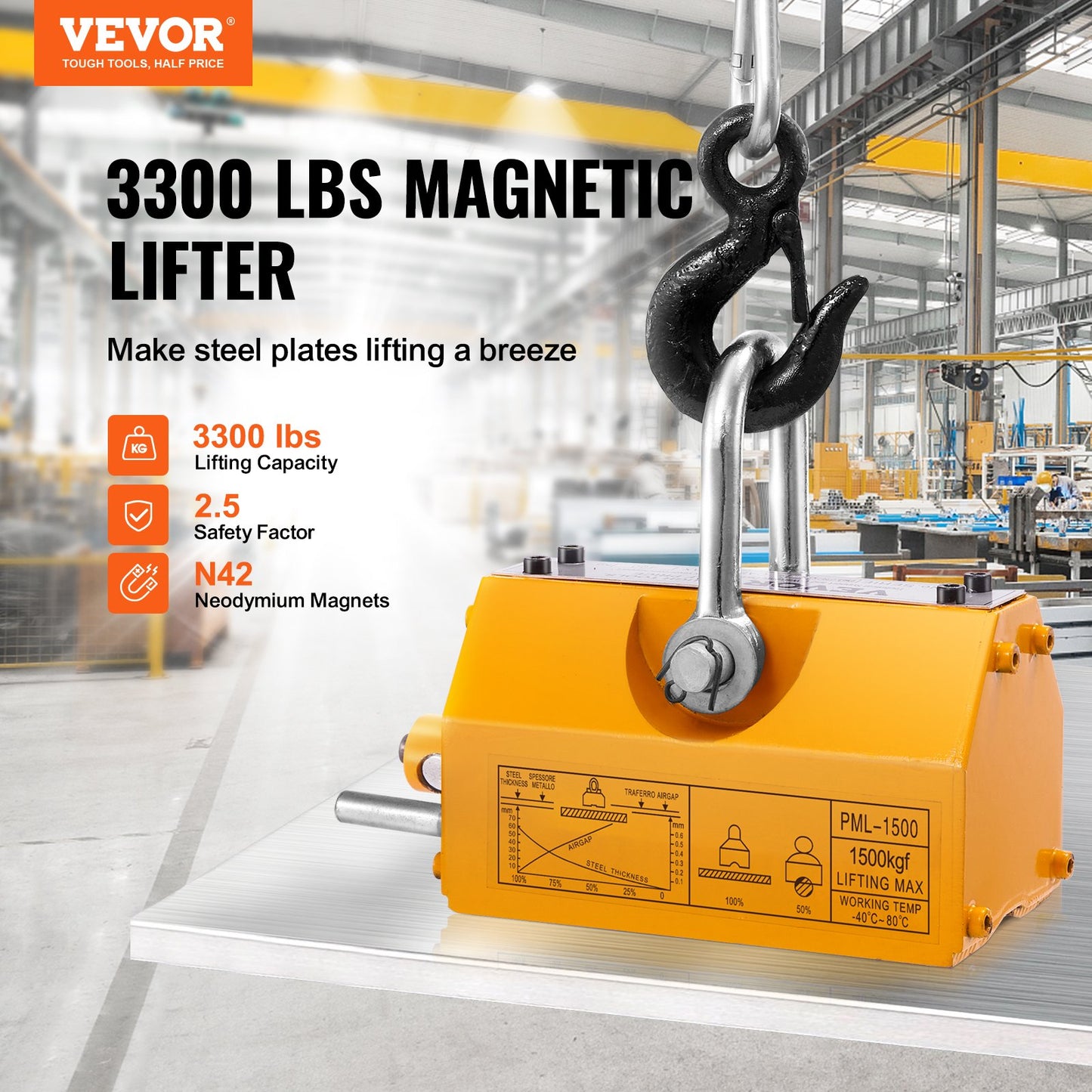 Magnetic Lifter, 3300lbs/1500kg dragkapacitet, 2,5 säkerhetsfaktor, neodym och stål, lyftmagnet med frigöring, permanenta lyftmagneter, kraftig magnet för lyftanordning, butikskran, block, bräda