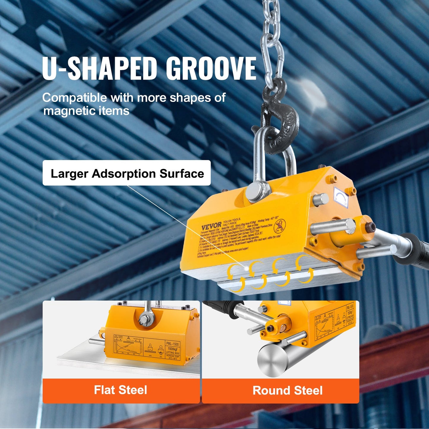 Magnetic Lifter, 3300lbs/1500kg dragkapacitet, 2,5 säkerhetsfaktor, neodym och stål, lyftmagnet med frigöring, permanenta lyftmagneter, kraftig magnet för lyftanordning, butikskran, block, bräda