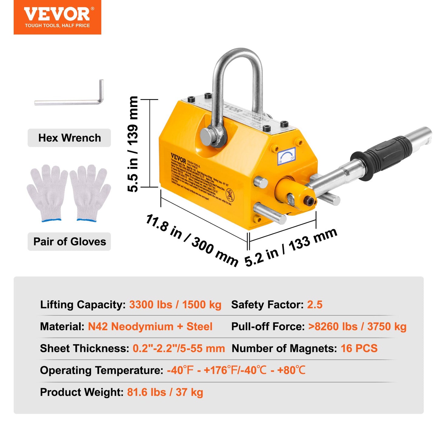 Magnetic Lifter, 3300lbs/1500kg dragkapacitet, 2,5 säkerhetsfaktor, neodym och stål, lyftmagnet med frigöring, permanenta lyftmagneter, kraftig magnet för lyftanordning, butikskran, block, bräda