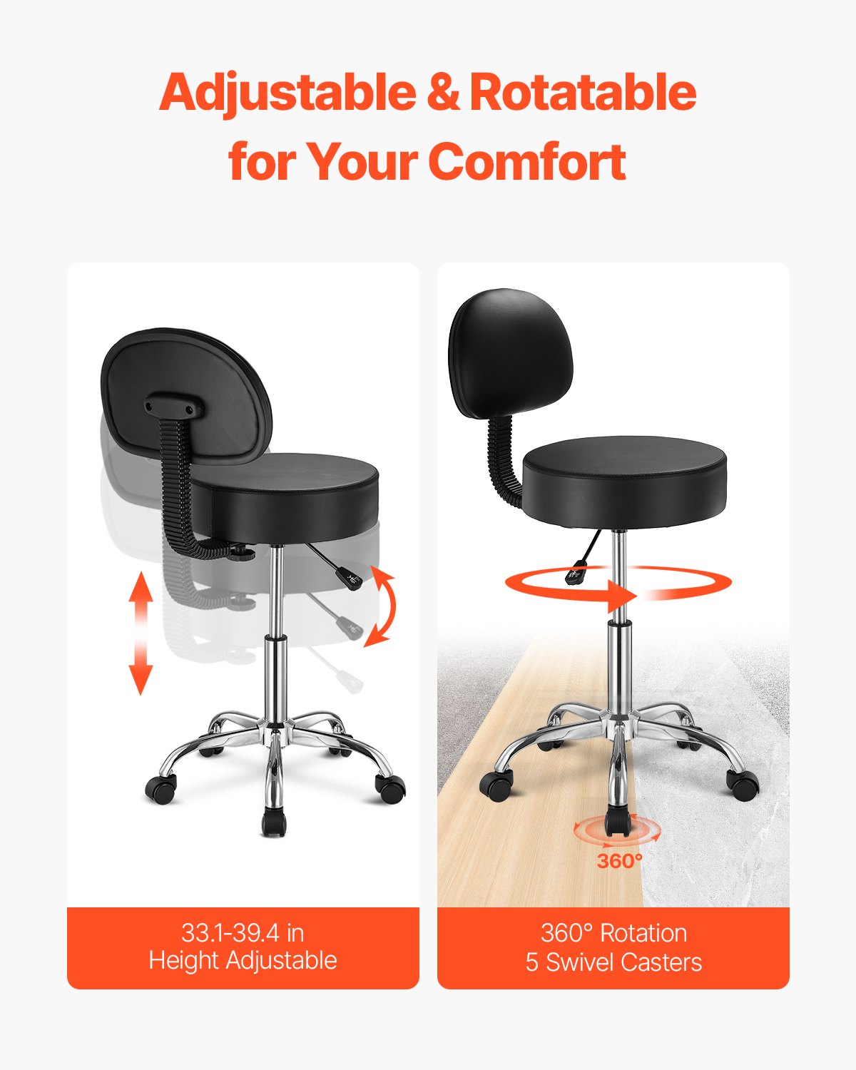 Round Rolling Stool Swivel Stool with Backrest Height Adjustable Black