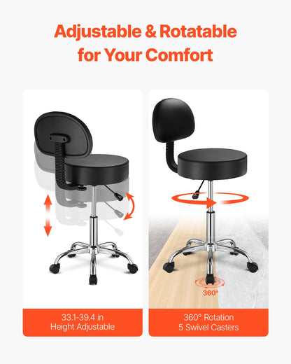 Round Rolling Stool Swivel Stool with Backrest Height Adjustable Black