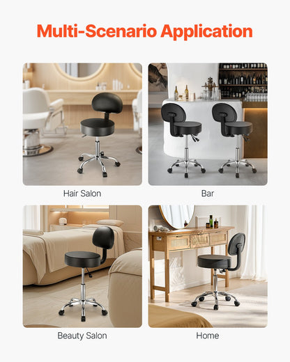 Round Rolling Stool Swivel Stool with Backrest Height Adjustable Black