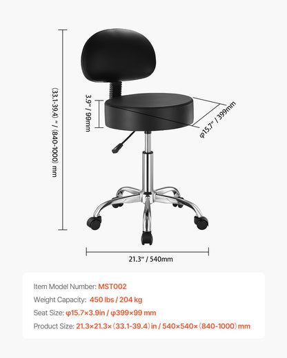 Round Rolling Stool Swivel Stool with Backrest Height Adjustable Black