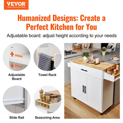 Kitchen Island Cart with Solid Wood Top, 35.4" Wide Mobile Carts with Storage Cabinets, Rolling Kitchen Table with Spice Rack, Towel Rack, Drop Leaf and Drawer, Portable Islands on Wheels, White
