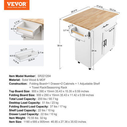 Kitchen Island Cart with Solid Wood Top, 35.4" Wide Mobile Carts with Storage Cabinets, Rolling Kitchen Table with Spice Rack, Towel Rack, Drop Leaf and Drawer, Portable Islands on Wheels, White