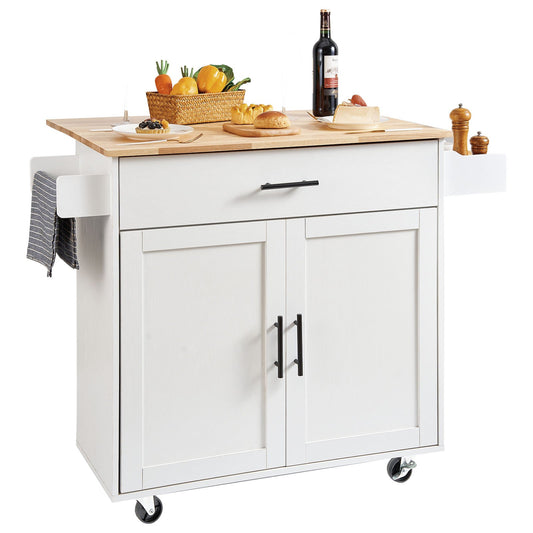 Kitchen Island Cart with Solid Wood Top, 35.4" Wide Mobile Carts with Storage Cabinets, Rolling Kitchen Table with Spice Rack, Towel Rack, Drop Leaf and Drawer, Portable Islands on Wheels, White