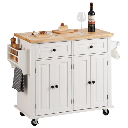 Kitchen Island Cart with Solid Wood Top, 35.4" Wide Mobile Carts with Storage Cabinets, Rolling Kitchen Table with Spice Rack, Towel Rack and Drawer, Portable Islands on Wheels, White