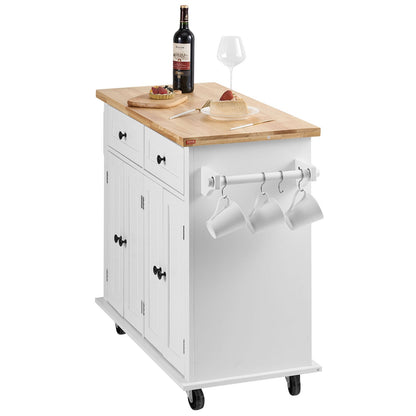 Kitchen Island Cart with Solid Wood Top, 35.4" Wide Mobile Carts with Storage Cabinets, Rolling Kitchen Table with Spice Rack, Towel Rack and Drawer, Portable Islands on Wheels, White