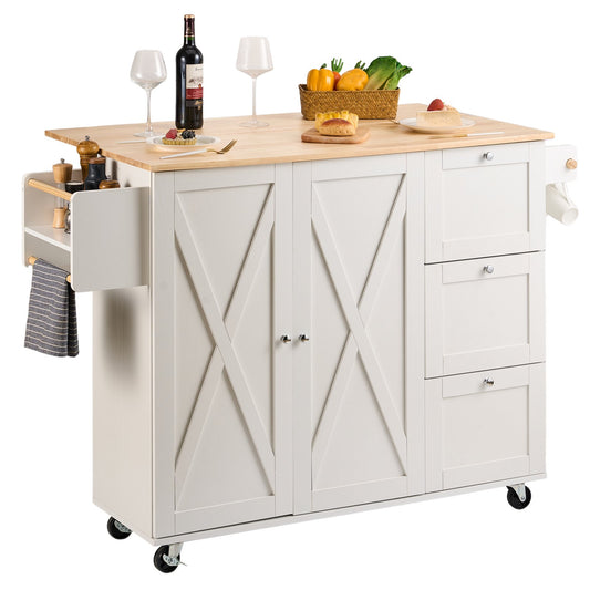 Kitchen Island Cart with Solid Wood Top, 45.3" Wide Mobile Carts with Storage Cabinets, Rolling Kitchen Table with Spice Rack, Towel Rack, Drop Leaf and Drawer, Portable Islands on Wheels, White