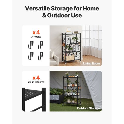 4-vånings hopfällbar förvaringshylla med hjul 26 x 13 x 46 tum metallhylla