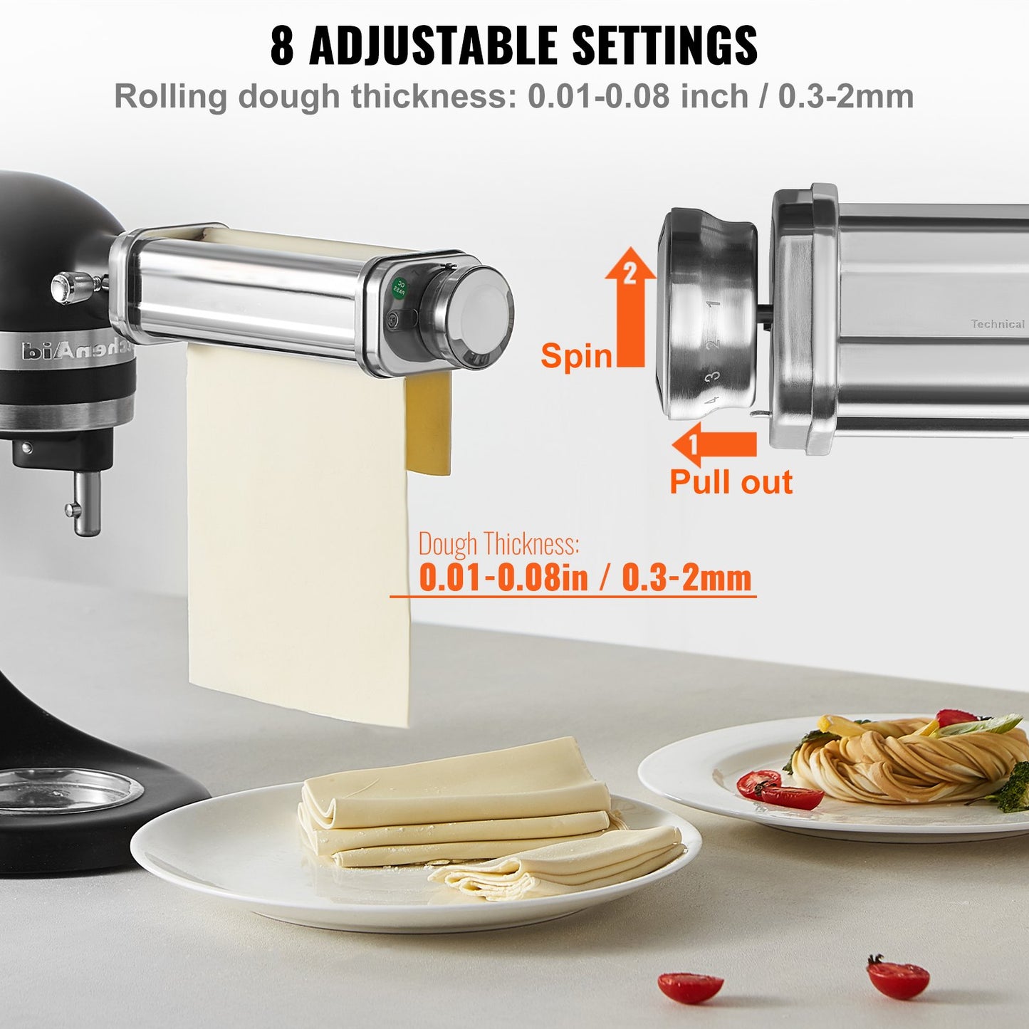 Pastatillbehör för KitchenAid ställblandare, tillbehör för pastaplåtsrullar i rostfritt stål, maskintillbehör för pastamaskin med 8 justerbar tjockleksratt, KitchenAid pastatillbehör från