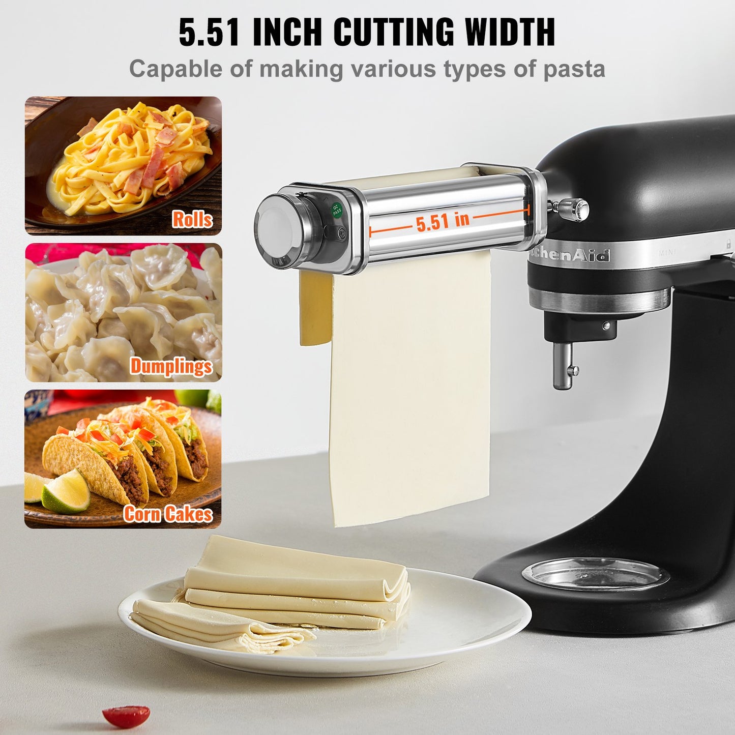 Pastatillbehör för KitchenAid ställblandare, tillbehör för pastaplåtsrullar i rostfritt stål, maskintillbehör för pastamaskin med 8 justerbar tjockleksratt, KitchenAid pastatillbehör från