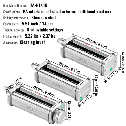 Pasta Accessories for KitchenAid Stand Mixer, Stainless Steel Pasta Roller Cutter Set Including Pasta Roller Roller, Spaghetti and Fettuccine Cutter, 8 Adjustable Thickness Knob Pasta Maker, 3pcs