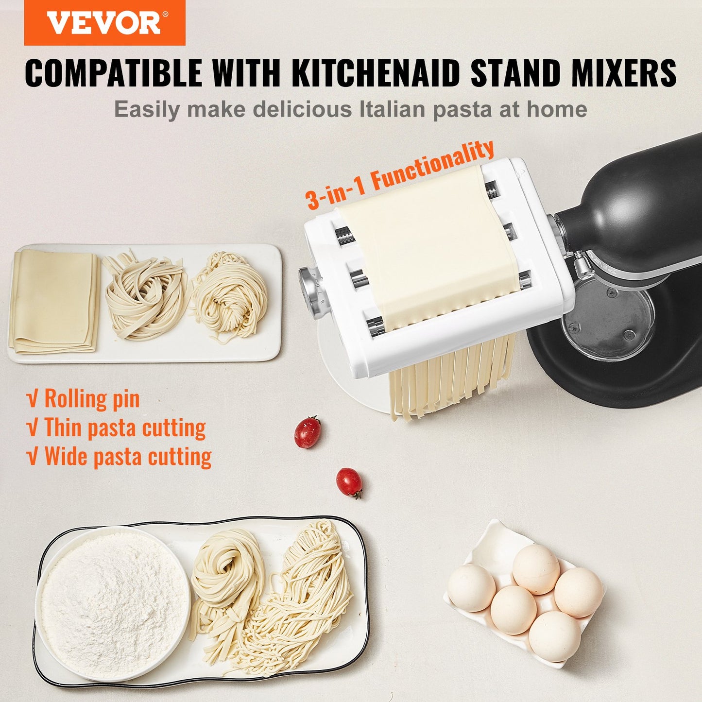 Pastatillbehör för KitchenAid Stand Mixer, 3-I-1 rostfritt stål Pasta Roller Cutter Set Inklusive Pasta Roller Roller, Spaghetti och Fettuccine Cutter, 8 justerbar tjockleksknopp Pasta Maker