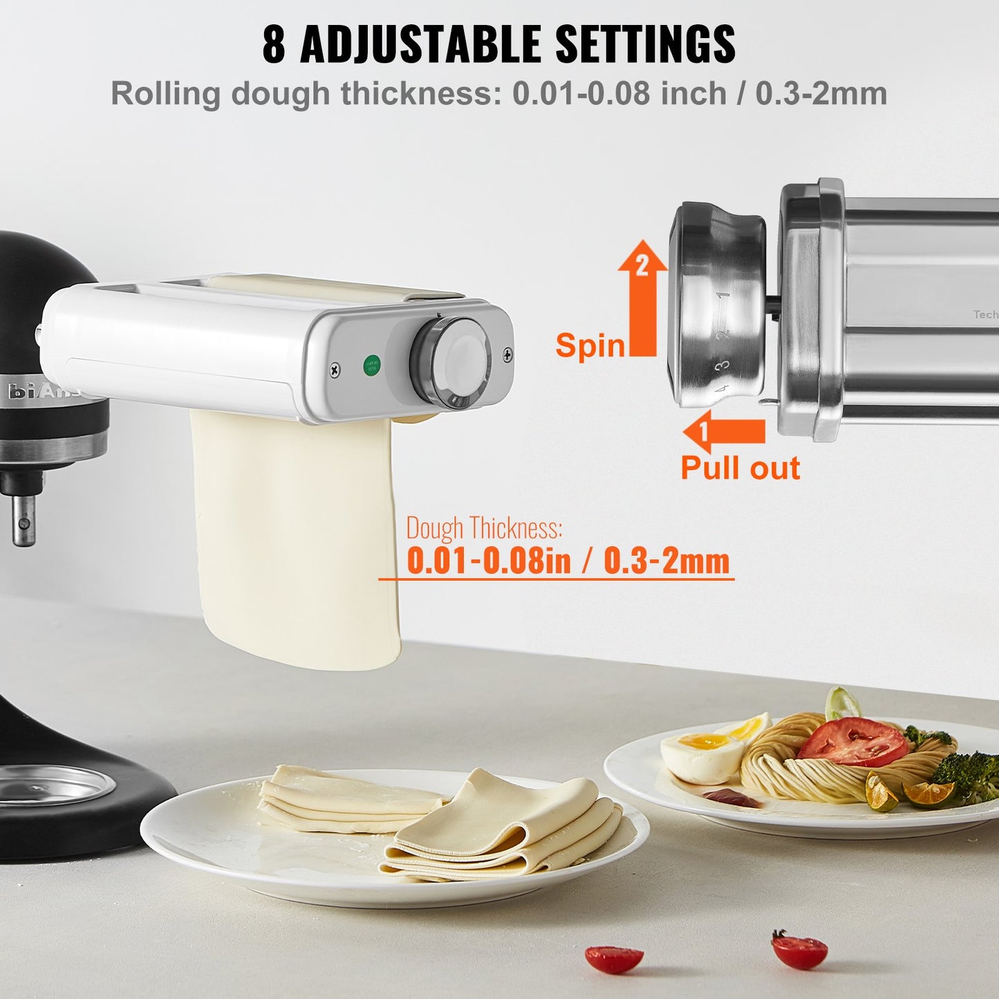 Pastatillbehör för KitchenAid Stand Mixer, 3-I-1 rostfritt stål Pasta Roller Cutter Set Inklusive Pasta Roller Roller, Spaghetti och Fettuccine Cutter, 8 justerbar tjockleksknopp Pasta Maker