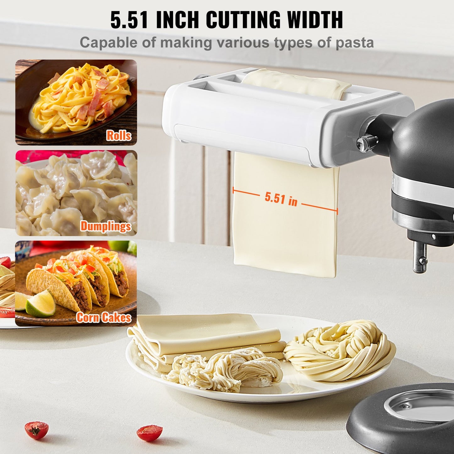 Pastatillbehör för KitchenAid Stand Mixer, 3-I-1 rostfritt stål Pasta Roller Cutter Set Inklusive Pasta Roller Roller, Spaghetti och Fettuccine Cutter, 8 justerbar tjockleksknopp Pasta Maker