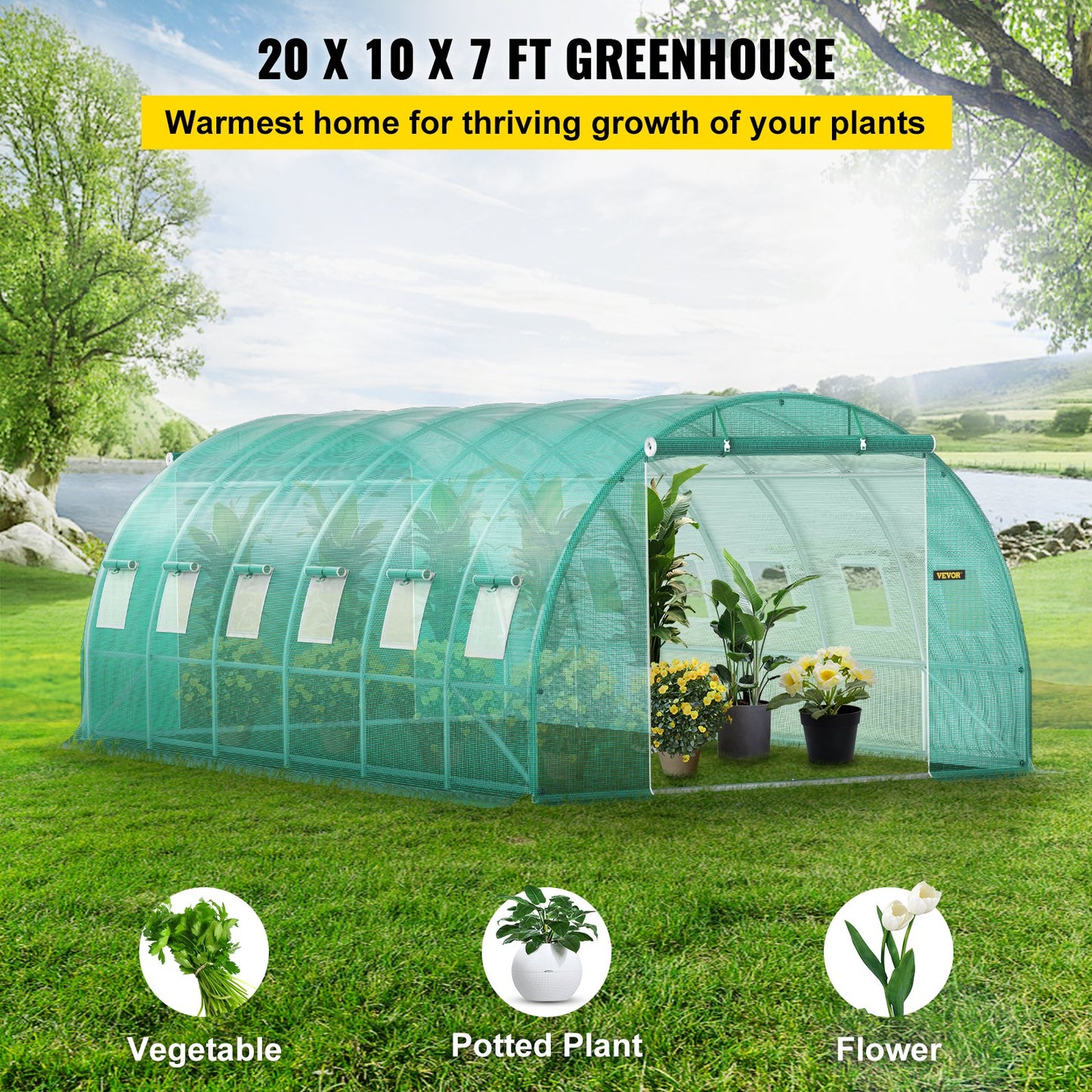 Walk-in Tunnel Växthus, 20 x 10 x 7 fot Portable Plant Hot House med galvaniserade stålbågar, 3 övre balkar, 4 diagonala stolpar, 2 dragkedjeförsedda dörrar och 12 rullfönster, grönt