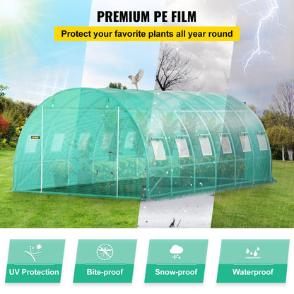 Walk-in Tunnel Växthus, 20 x 10 x 7 fot Portable Plant Hot House med galvaniserade stålbågar, 3 övre balkar, 4 diagonala stolpar, 2 dragkedjeförsedda dörrar och 12 rullfönster, grönt