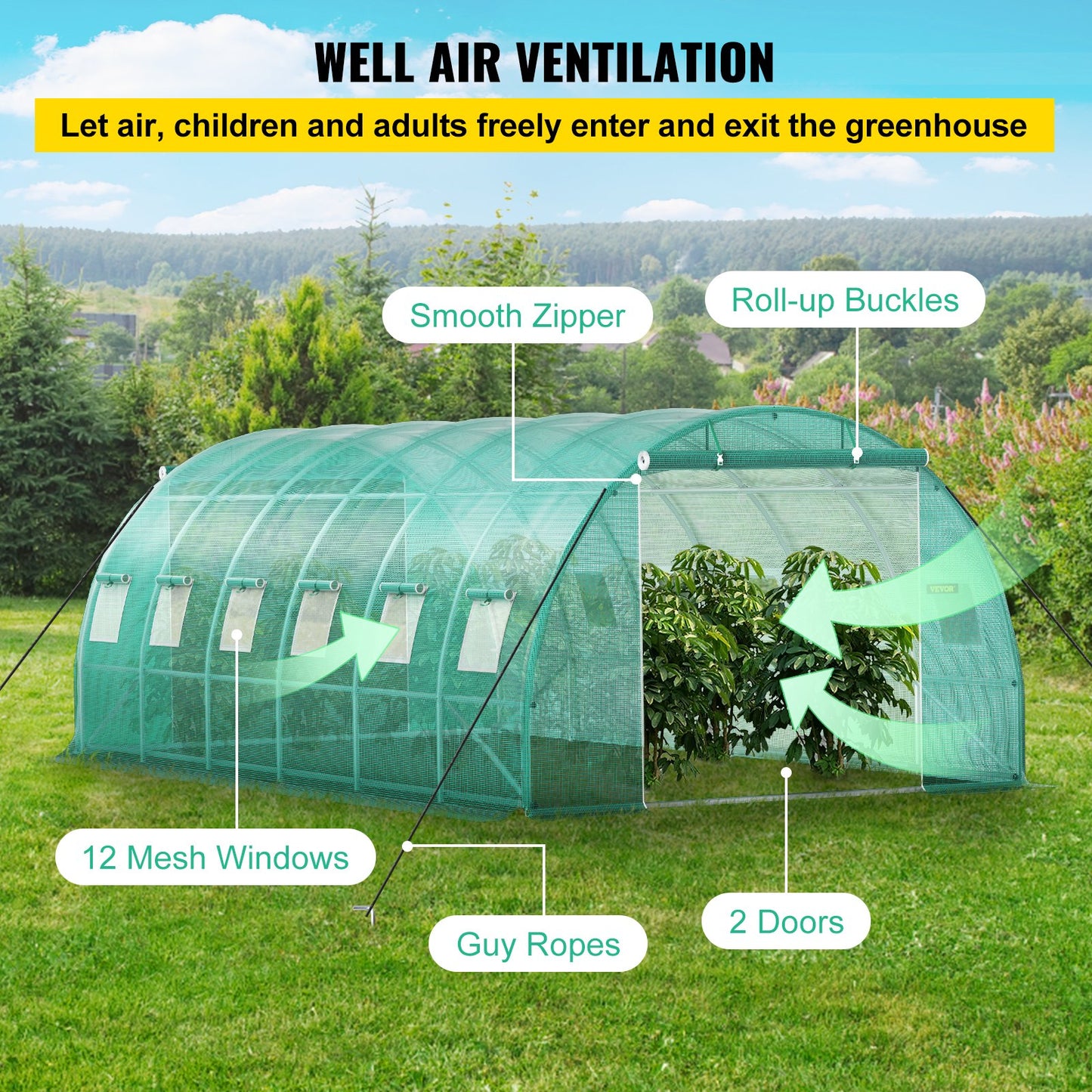 Walk-in Tunnel Växthus, 20 x 10 x 7 fot Portable Plant Hot House med galvaniserade stålbågar, 3 övre balkar, 4 diagonala stolpar, 2 dragkedjeförsedda dörrar och 12 rullfönster, grönt