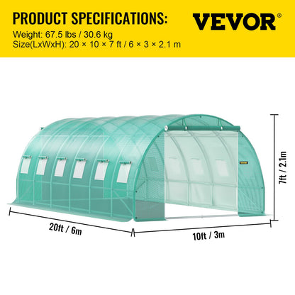 Walk-in Tunnel Växthus, 20 x 10 x 7 fot Portable Plant Hot House med galvaniserade stålbågar, 3 övre balkar, 4 diagonala stolpar, 2 dragkedjeförsedda dörrar och 12 rullfönster, grönt