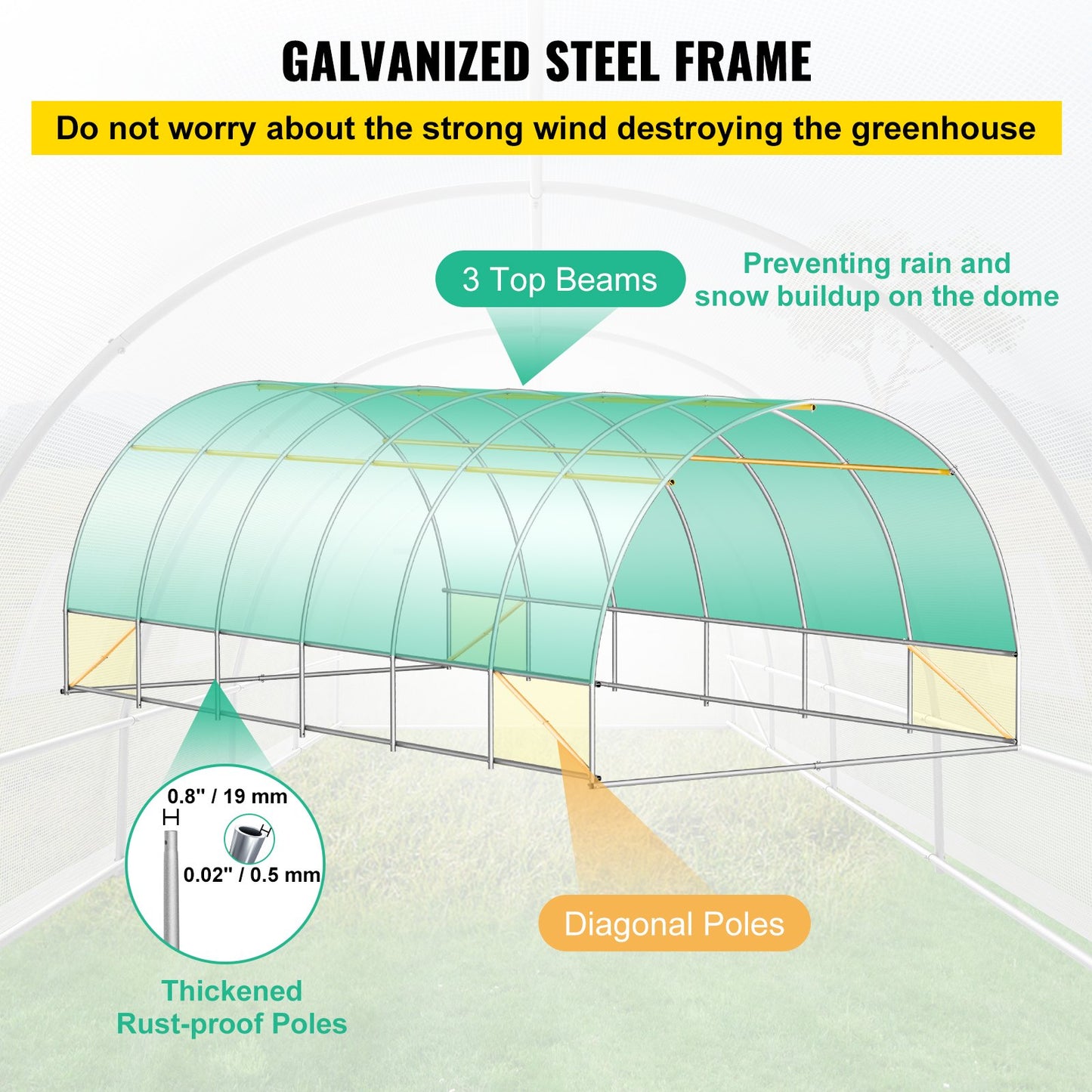 Walk-in Tunnel Greenhouse, 20 x 10 x 7 ft. Portable Plant Hot House with Galvanized Steel Frames, 3 Top Beams, 4 Diagonal Posts, 2 Zippered Doors and 12 Roller Windows, White