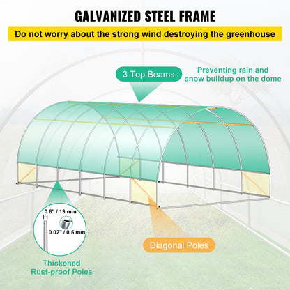 Walk-in Tunnel Greenhouse, 20 x 10 x 7 ft. Portable Plant Hot House with Galvanized Steel Frames, 3 Top Beams, 4 Diagonal Posts, 2 Zippered Doors and 12 Roller Windows, White