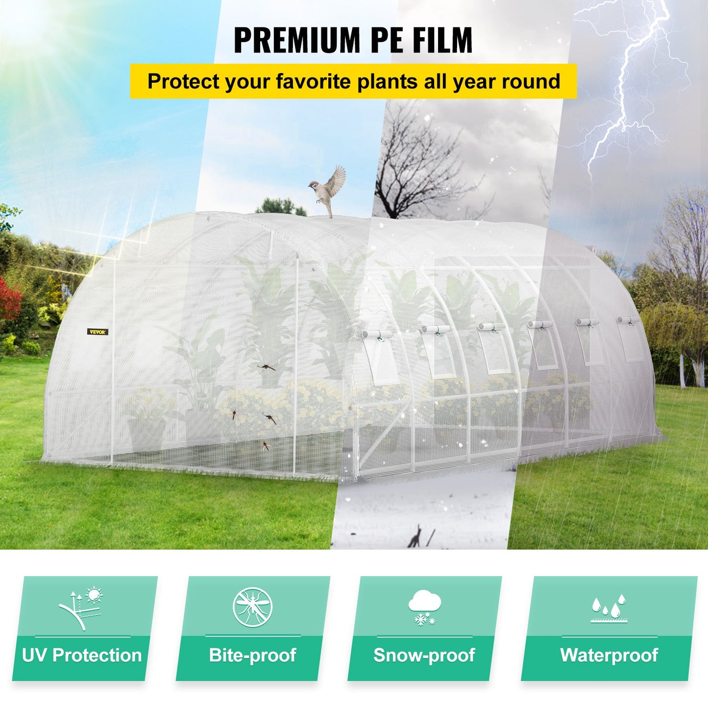 Walk-in Tunnel Greenhouse, 20 x 10 x 7 ft. Portable Plant Hot House with Galvanized Steel Frames, 3 Top Beams, 4 Diagonal Posts, 2 Zippered Doors and 12 Roller Windows, White