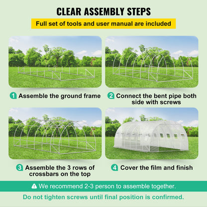 Walk-in Tunnel Greenhouse, 20 x 10 x 7 ft. Portable Plant Hot House with Galvanized Steel Frames, 3 Top Beams, 4 Diagonal Posts, 2 Zippered Doors and 12 Roller Windows, White