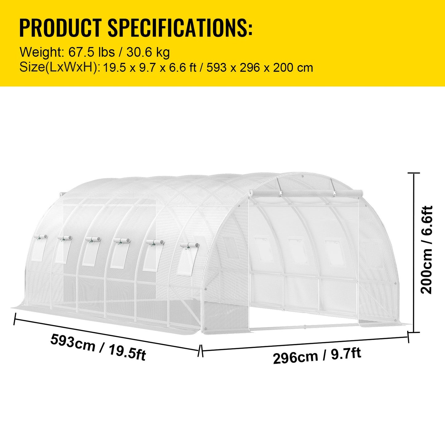 Walk-in Tunnel Greenhouse, 20 x 10 x 7 ft. Portable Plant Hot House with Galvanized Steel Frames, 3 Top Beams, 4 Diagonal Posts, 2 Zippered Doors and 12 Roller Windows, White