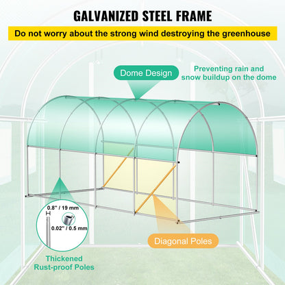 Walk-in Tunnel Greenhouse, 15 x 6.5 x 7 ft Portable Plant Hot House with Galvanized Steel Frames, 1 Top Beam, 2 x Diagonal Posts, 2 Zippered Doors and 8 Roller Windows, White