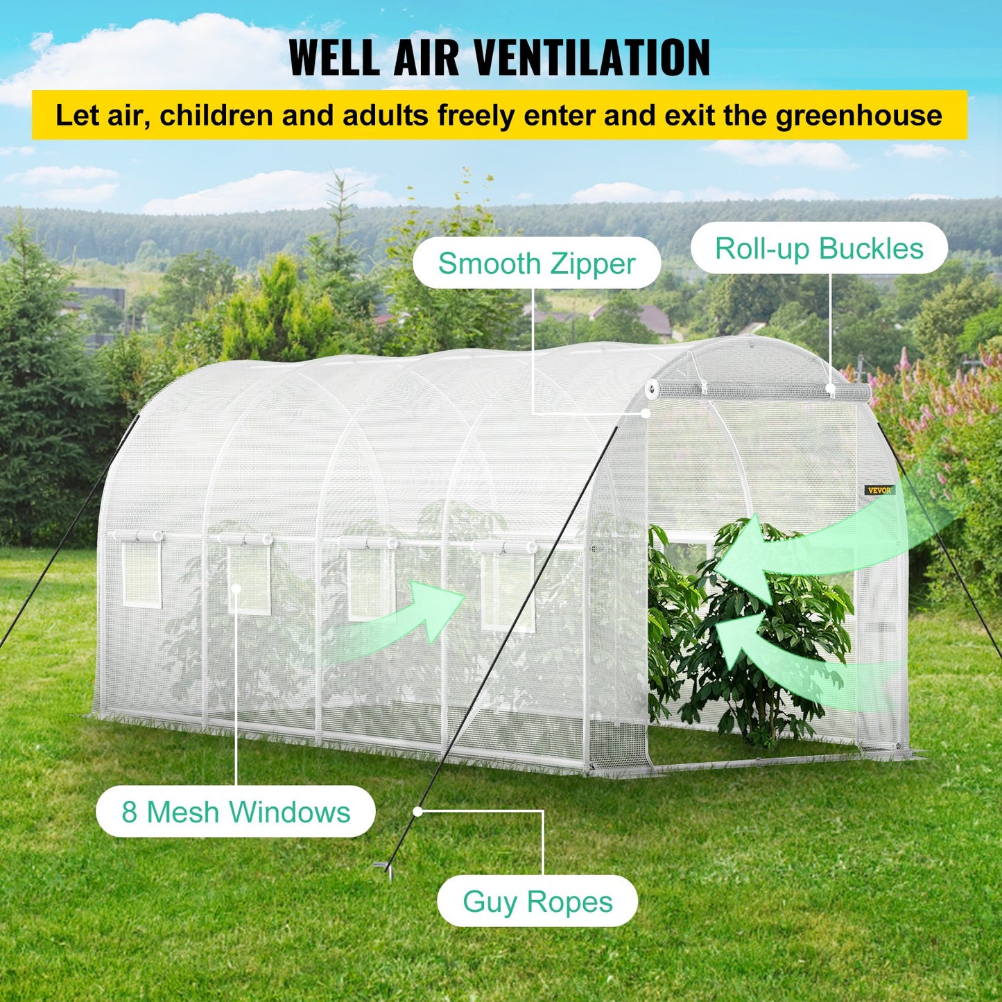 Walk-in Tunnel Greenhouse, 15 x 6.5 x 7 ft Portable Plant Hot House with Galvanized Steel Frames, 1 Top Beam, 2 x Diagonal Posts, 2 Zippered Doors and 8 Roller Windows, White