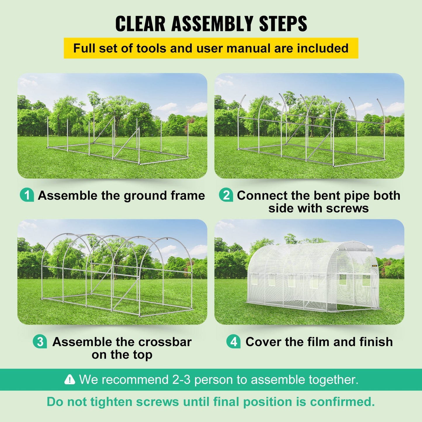 Walk-in Tunnel Greenhouse, 15 x 6.5 x 7 ft Portable Plant Hot House with Galvanized Steel Frames, 1 Top Beam, 2 x Diagonal Posts, 2 Zippered Doors and 8 Roller Windows, White