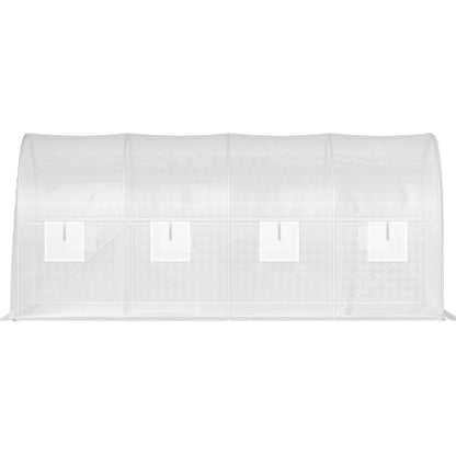 Walk-in Tunnel Greenhouse, 15 x 6.5 x 7 ft Portable Plant Hot House with Galvanized Steel Frames, 1 Top Beam, 2 x Diagonal Posts, 2 Zippered Doors and 8 Roller Windows, White