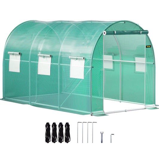 Walk-in Tunnel Växthus, 12 x 7 x 7 fot Portable Plant Hot House med galvaniserade stålbågar, 1 toppbalkar, 2 diagonala stolpar, 2 dragkedjeförsedda dörrar och 6 rullfönster, grönt