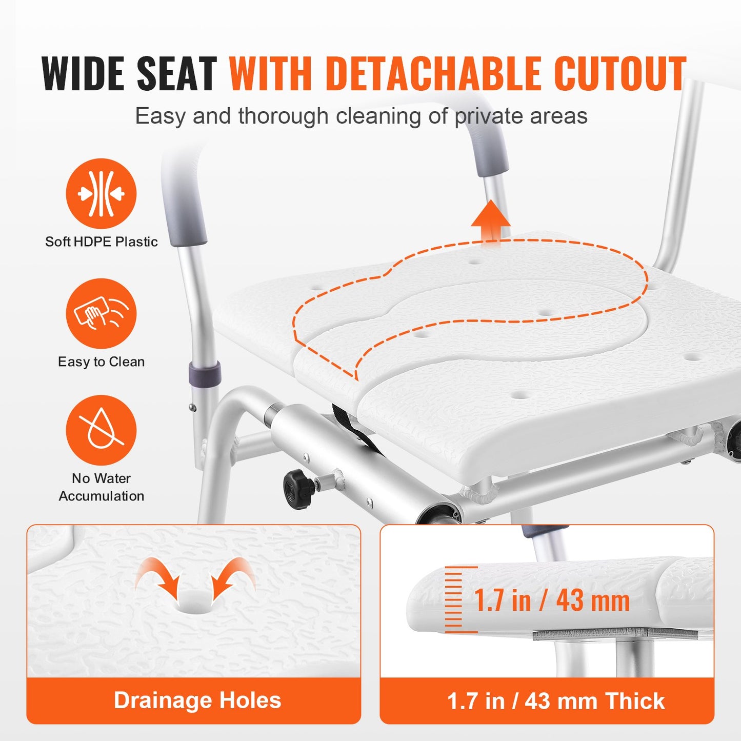 Sliding Bathtub Transfer Bench Shower Chair &amp; Cut-Out Seat Reversible Backrest