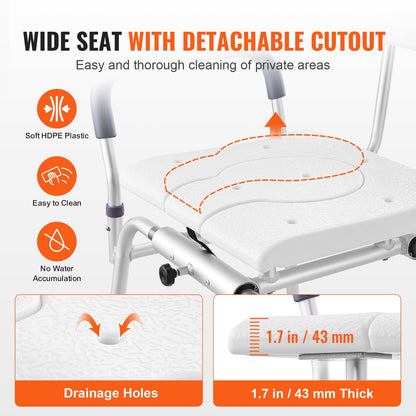 Sliding Bathtub Transfer Bench Shower Chair &amp; Cut-Out Seat Reversible Backrest