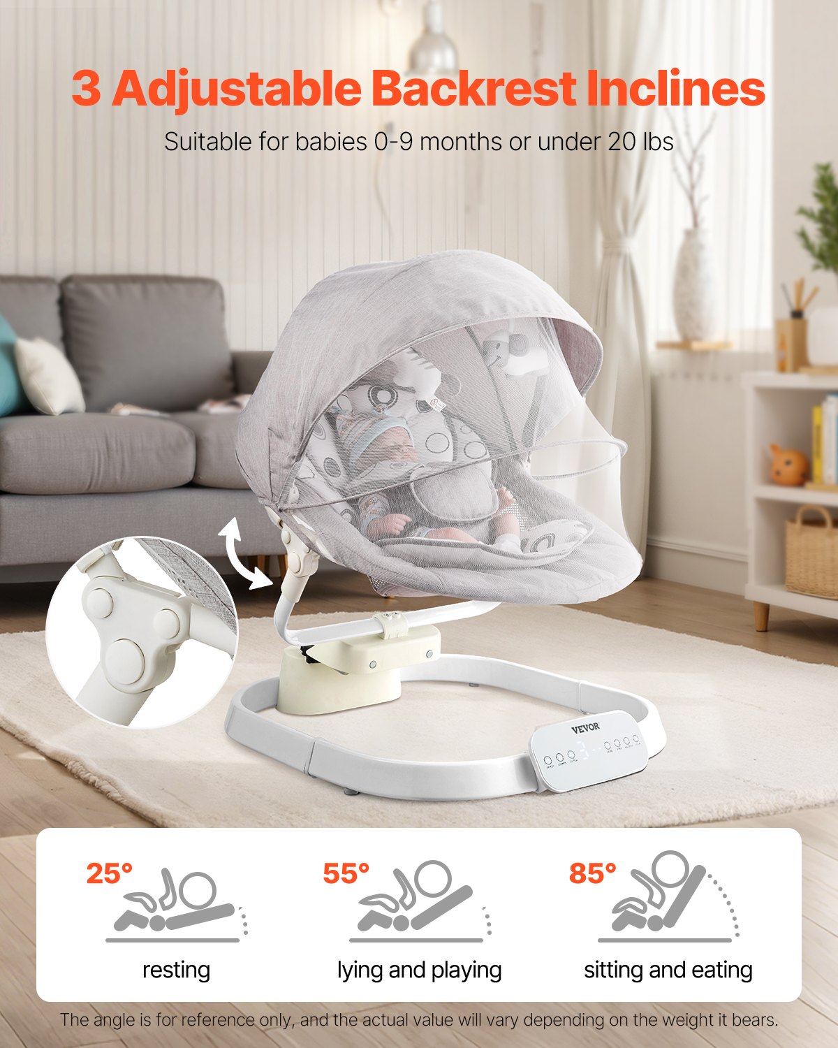 Baby swing for infants 3 speeds 3 seat positions Bluetooth remote control