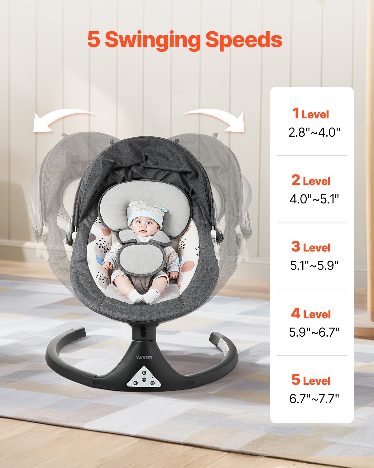 Baby swing for infants 5 speeds 3 seat positions Bluetooth remote control
