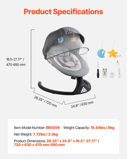 Baby swing for infants 5 speeds 3 seat positions Bluetooth remote control