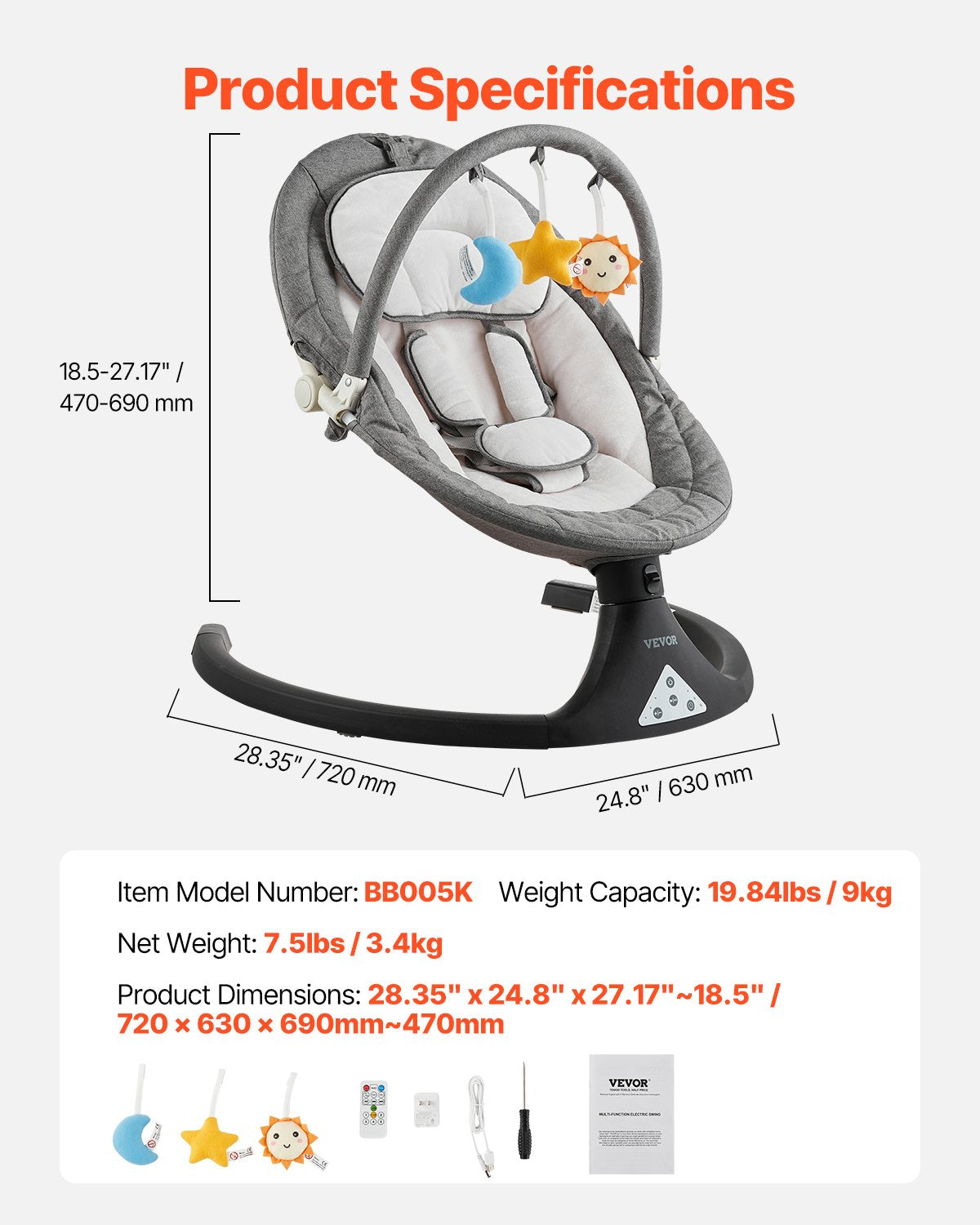 Baby Gunga för spädbarn 5 hastigheter 3 sitspositioner Fjärrkontroll Toy Bar